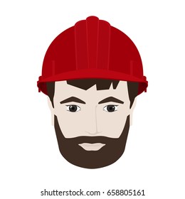 Working Man in a Hard Hat, Mans Face with a Mustache and Beard in Red Safety Helmet on White Background , Vector Illustration