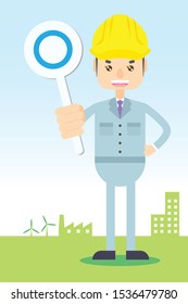 working man with helmet answers right, checked