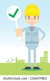 working man with helmet answers right, checked