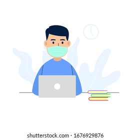 hombre de trabajo en casa con un vector de diseño plano portátil