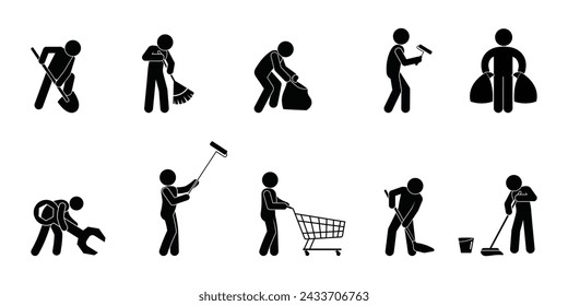 working man icon, stick figure human silhouettes, icon set people doing repairs