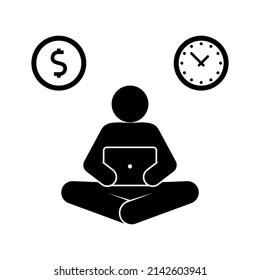 working man icon, time and money balance for freelancer, man sitting with laptop, isolated vector symbol
