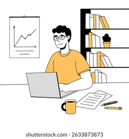 Working man with laptop  doodle  vector illustration