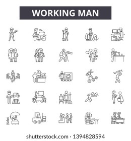 Working man line icon signs.  Linear vector outline illustration set concept.