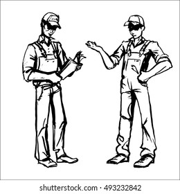 working man in overalls repairman, master, vector, sketch