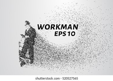 Working man from the particles. The worker consists of dots and circles. Vector illustration.