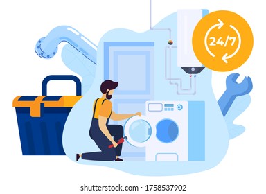 Working man plumber repairs washing machine in laundry, repair worker, home technician service, handyman isolated vector illustration. Fix workman, maintenance in house, serviceman order.