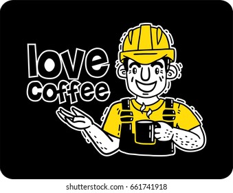 Working man in a protective helmet with a cup of coffee logo