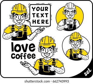 Working man in protective helmet with cup of coffee yellow set