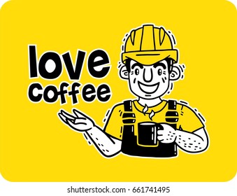 working man in a protective helmet loves coffee