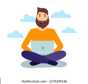 
Working man sitting with a computer. Social network concept. Freelance remote work. Flat cartoon style vector illustration.