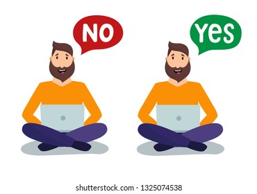 
Working man sitting with a computer. Man and speech bubbles with checkmarks flat illustration. Yes or No. Social network concept. Freelance remote work. Flat cartoon style vector illustration.