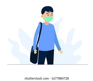 working man with slingbag wearing mask flat design vector
