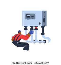Working man, vector illustration isolated on white background. Male engineer of boiler repair working with technical equipment. Drawing in colored flat cartoon style. Design concept