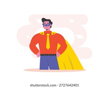 Un hombre trabajador con una capa y una cubierta facial posa como si protegiera una oficina. Diseño de personajes. Ilustración plana de Vector.