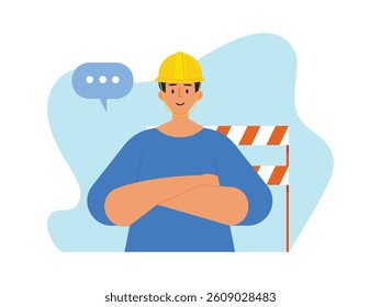 Working man wearing helmet in construction area, successful building. Design character. Vector flat illustration
