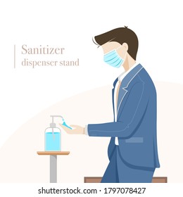 Working man wearing a mask and cleaning a hand with Sanitizer stand to prevent infection of Covid-19 virus. Vector illustration 