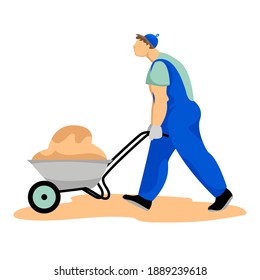 a working man with a wheelbarrow. vector illustration of a working man. a man carries sand in a wheelbarrow
