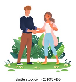 Working man and woman with casual clothes shaking hands isolated on white background. Vector concept illustration.