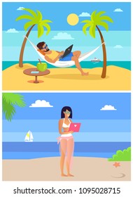 Working man and woman at seaside, people with laptops enjoying weather, distant work or freelance, freelancers set cartoon flat vector illustration.