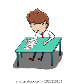 working man is writing document, cartoon free hand doodle, vector illustration.
