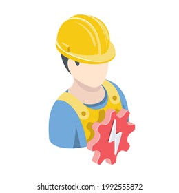 Working master electrician, gear lightning. Vector 3d symbol, isometric, color web icons, new flat style. Creative design idea, concept for infographics.