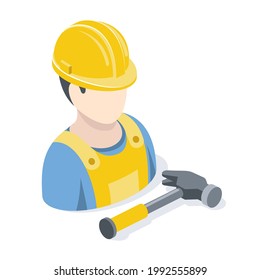 Working master, hammer. Vector 3d symbol, isometric, color web icons, new flat style. Creative design idea, concept for infographics.
