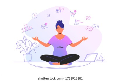 Working and meditating at home. Flat line vector illustration of cute woman sitting at home in lotus pose and concentrating before working. Time management concept design isolated on white background