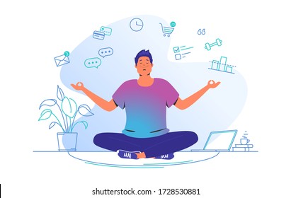 Working and meditating at home. Flat line vector illustration of cute man sitting at home in lotus pose and concentrating before working. Time management concept design isolated on white background