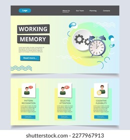 Arbeitsspeicher flache Landing Page Website-Vorlage. Mustererkennung, selektive Aufmerksamkeit, kognitive Flexibilität. Webbanner mit Header, Inhalt und Fußzeile. Vektorgrafik.