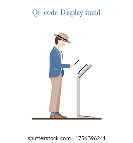 Arbeitende Männer, die ein Smartphone mit dem Code auf dem QR-Code-Display-Stand und isolierten Hintergrund. Vektorgrafik
