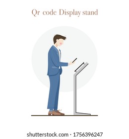 Arbeitende Männer, die ein Smartphone mit dem QR-Code-Display-Stand haben, das den Code durchsucht. Vektorgrafik