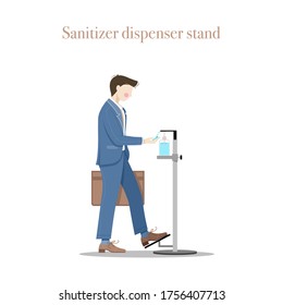 Working men using sanitizer dispenser with foot operated to avoid touching with hand for prevent infection of Covid-19 virus and isolated background. Vector illustration