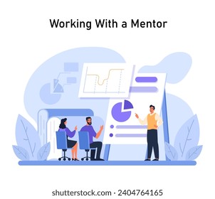 Working With a Mentor concept. New employees discuss insights with a guiding mentor beside dynamic charts and graphs. Navigating workplace complexities together. Flat vector illustration.