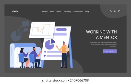 Working With a Mentor concept. New employees discuss insights with a guiding mentor beside dynamic charts and graphs. Navigating workplace complexities together. Flat vector illustration.