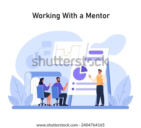 Working With a Mentor concept. New employees discuss insights with a guiding mentor beside dynamic charts and graphs. Navigating workplace complexities together. Flat vector illustration.