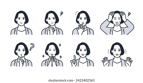 Working middle-aged woman facial expression icon illustration set material