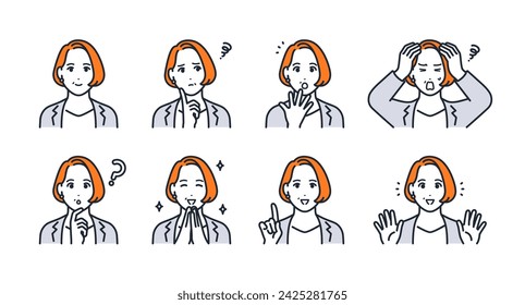 Working middle-aged woman facial expression icon illustration set material