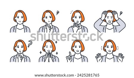 Working middle-aged woman facial expression icon illustration set material