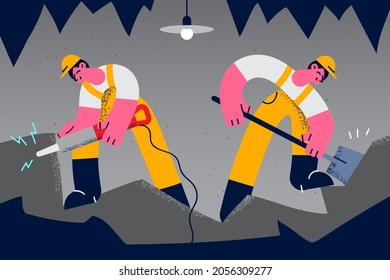 Working as miners on mine vector illustration. Two young men miners in helmets and uniform working in mine together vector illustration