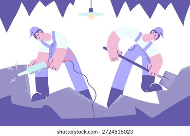 Trabalhando como mineiros na ilustração do vetor de minas. Dois homens jovens mineiros em capacetes e uniforme trabalhando na minha juntos ilustração vetorial