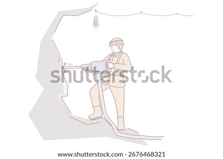 Working as minor in mine concept. Young positive man miner wearing uniform and helmet standing with tool and drilling rock vector illustration