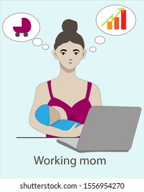 Working mom with a baby. Mother is breast feeding her baby. A woman works at home and sits with a baby.