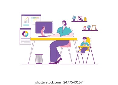 Working Mom with Baby on The Highchair Flat Illustration