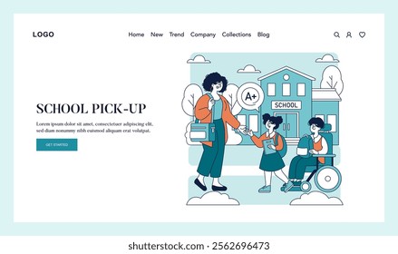 Working Mom Day concept. An illustration capturing a mother picking up her children from school, sharing a happy moment. Vector illustration.