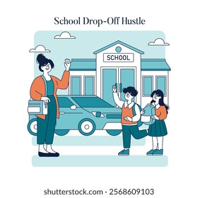 Working Mom Day concept. Illustration of a mother dropping off her children at school before work. Busy morning routine with a caring touch. Vector illustration.