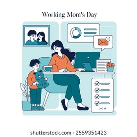 Working Mom Day concept. A mother balances work and childcare from home office. Productivity, multitasking with child, harmony in family life. Vector illustration.