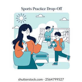 Working Mom Day concept. A mother says goodbye to her child at a soccer practice, showcasing daily life balance. Dual-tone vector illustration.