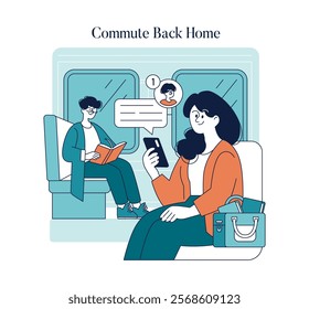 Working Mom Day concept. A mother on her commute home checks her phone, catching up on family life while fellow passengers are nearby. Vector illustration.