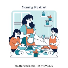 Working Mom Day concept. A mother serves breakfast to her children, depicting daily family routine and care. Vector illustration.